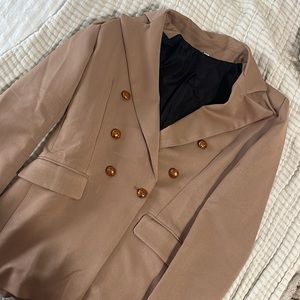 brown structured blazer with gold buttons